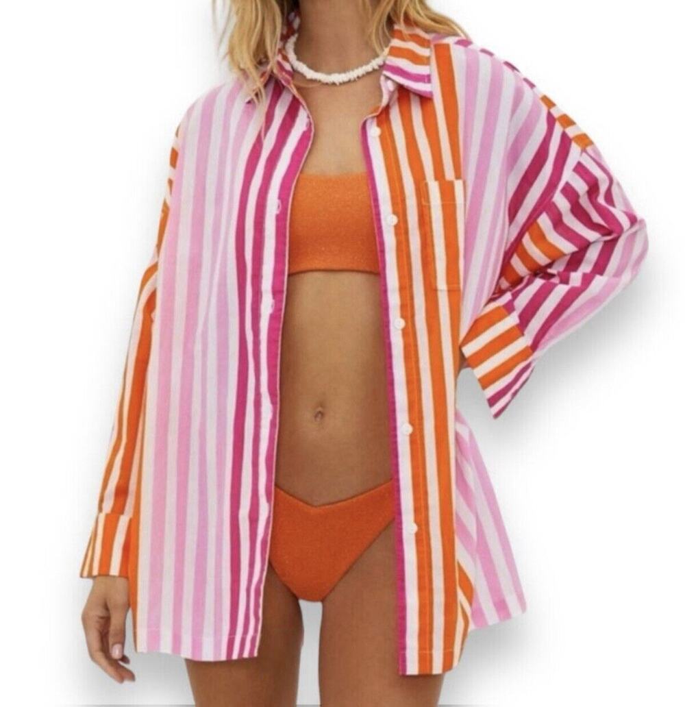 Beach Riot Alexa Top Sunset Stripes Pink Orange Swim Coverup S/M NWOT